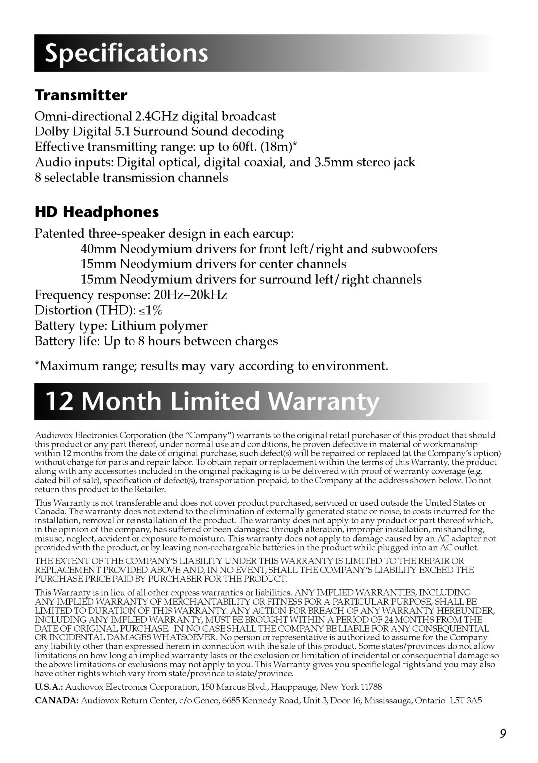 Acoustic Research AW-D510 owner manual Specifications, Month Limited Warranty, Transmitter, HD Headphones 