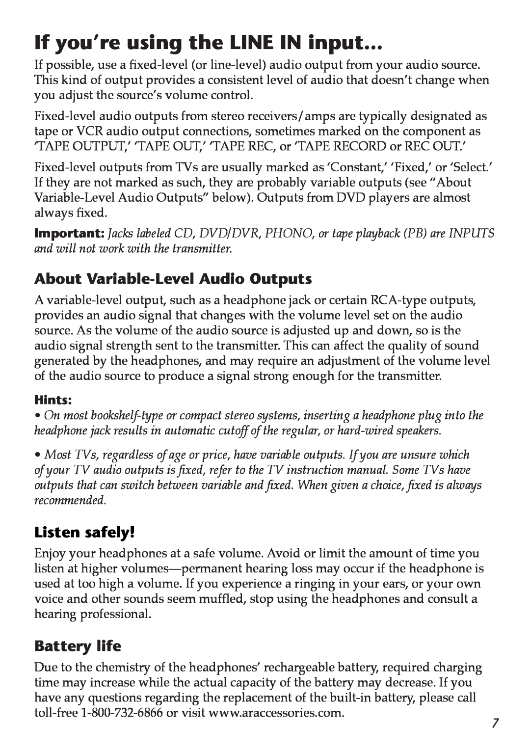 Acoustic Research AW-D510 owner manual If you’re using the LINE IN input, About Variable-LevelAudio Outputs, Listen safely 
