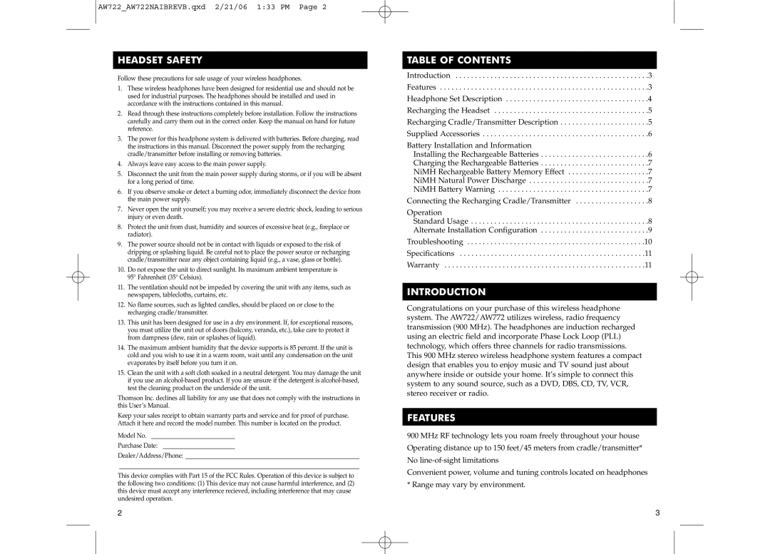 Acoustic Research AW722, AW772 manual Headset Safety, Table of Contents, Introduction, Features 