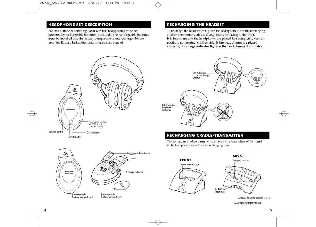 Acoustic Research AW772, AW722 manual Headphone SET Description, Recharging the Headset, Recharging CRADLE/TRANSMITTER 