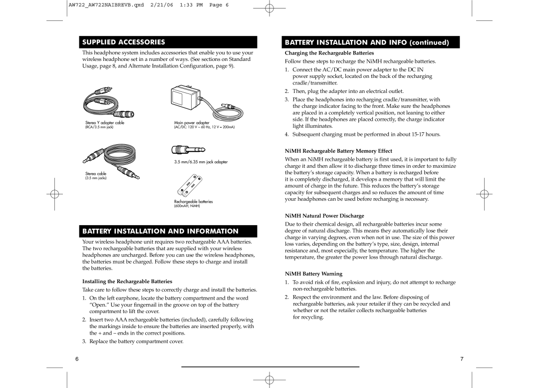 Acoustic Research AW722, AW772 manual Supplied Accessories, Battery Installation and Information 