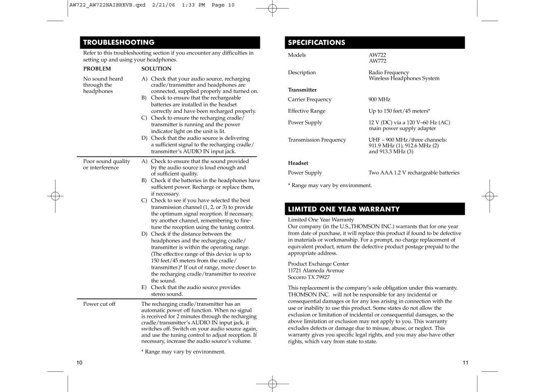Acoustic Research AW722, AW772 manual Troubleshooting, Specifications, Limited ONE Year Warranty, Transmitter, Headset 