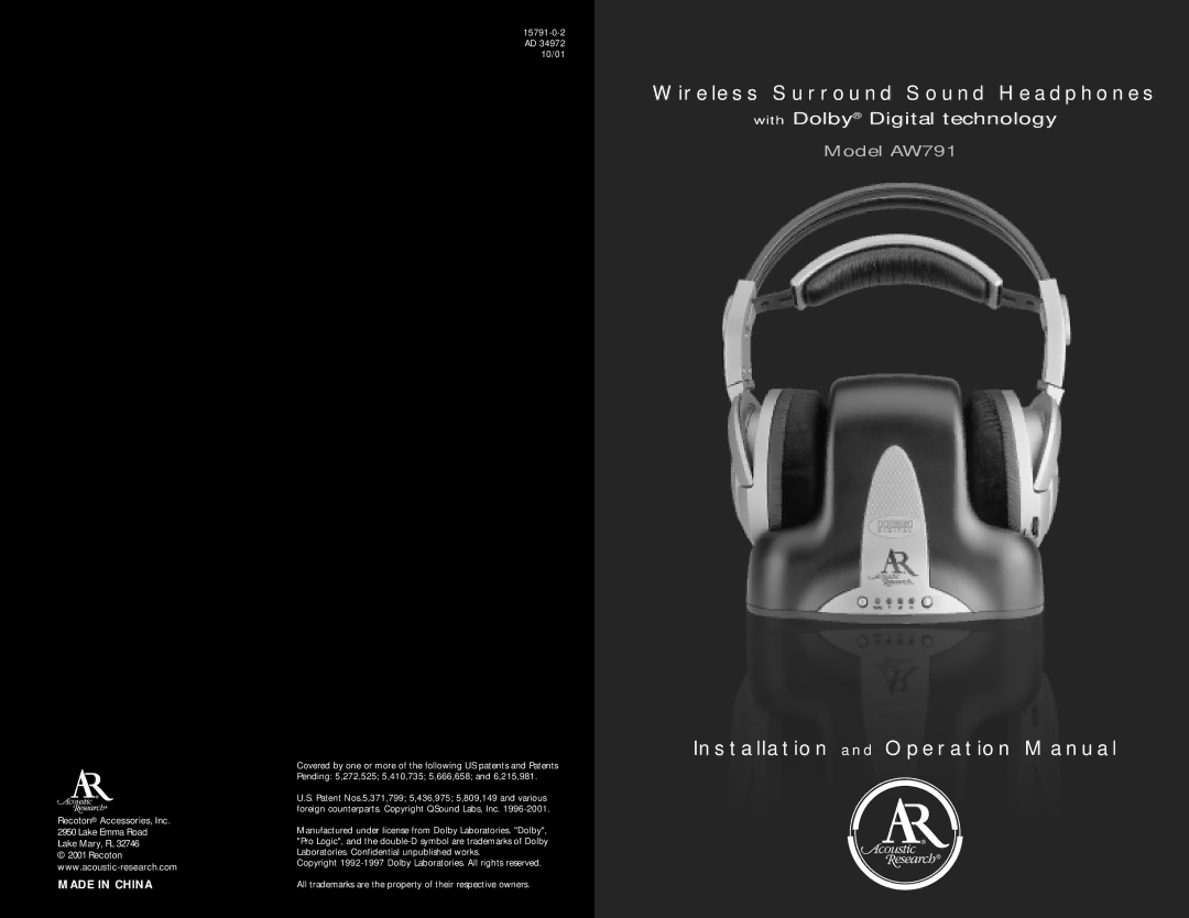 Acoustic Research AW791 operation manual Wireless Surround Sound Headphones 