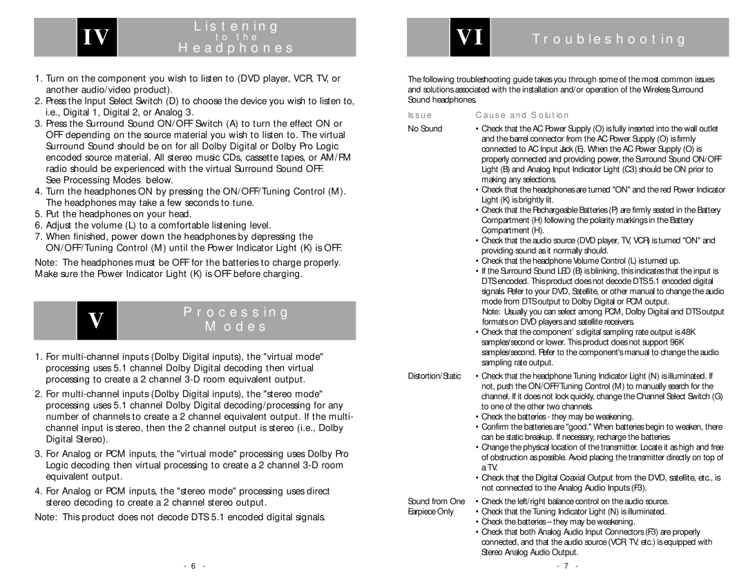 Acoustic Research AW791 operation manual Listening, Headphones, Processing, Modes, Troubleshooting 