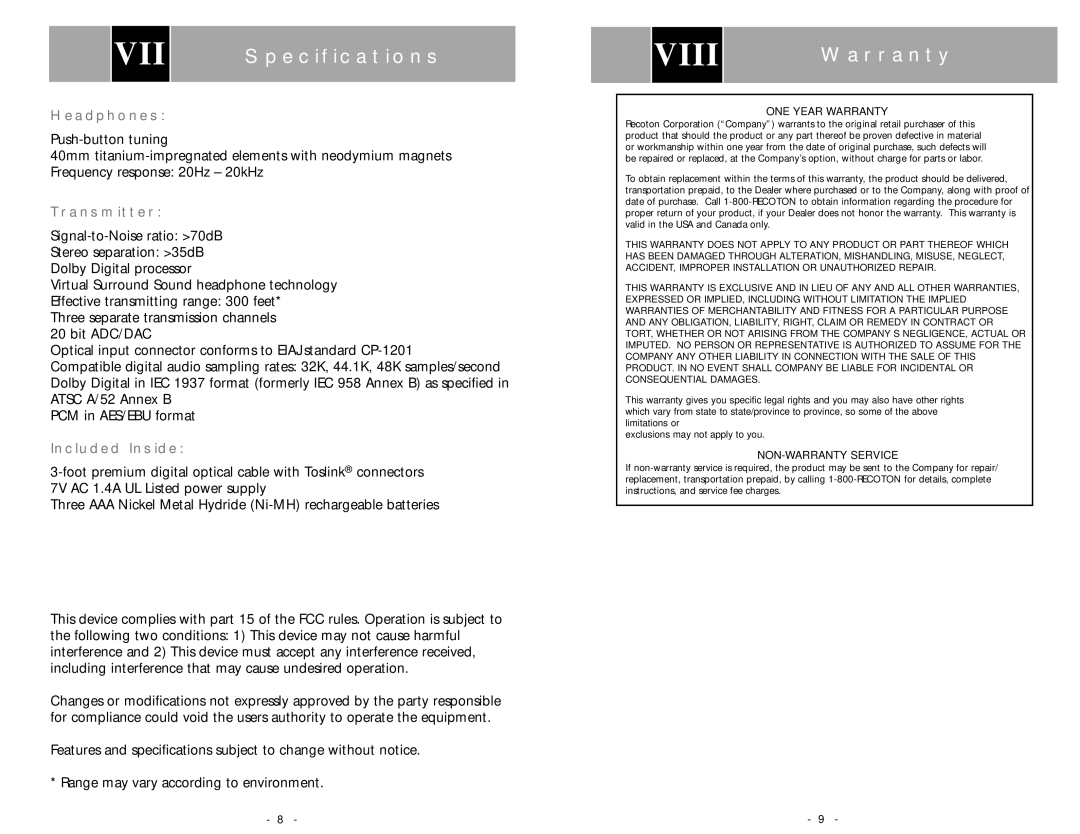 Acoustic Research AW791 operation manual Viii, Specifications, Warranty 