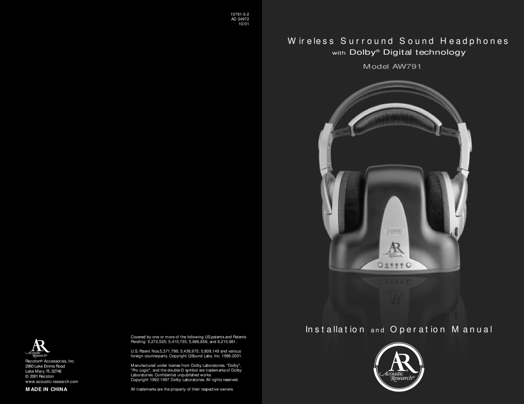 Acoustic Research operation manual Wireless Surround Sound Headphones, with Dolby Digital technology, Model AW791 