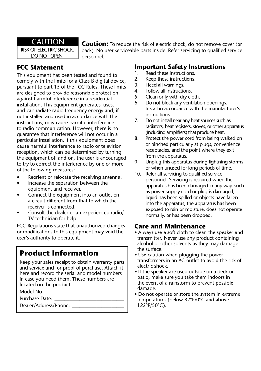 Acoustic Research AW822 operation manual Important Information, FCC Statement 