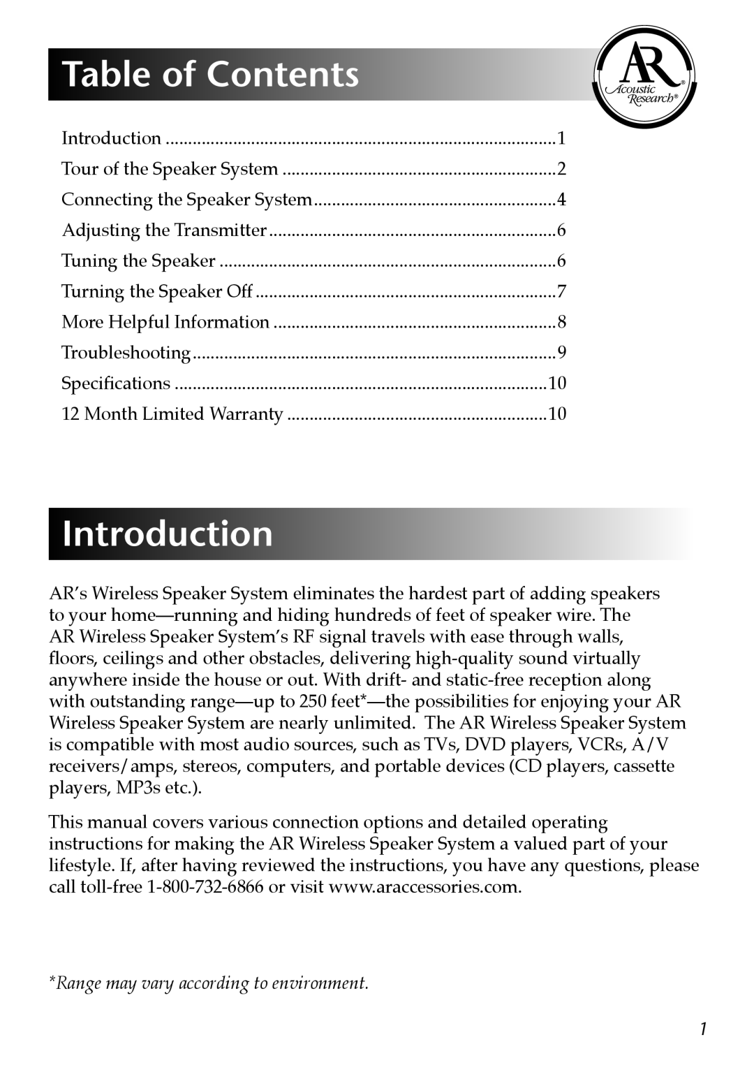 Acoustic Research AW822 operation manual Table of Contents, Introduction 