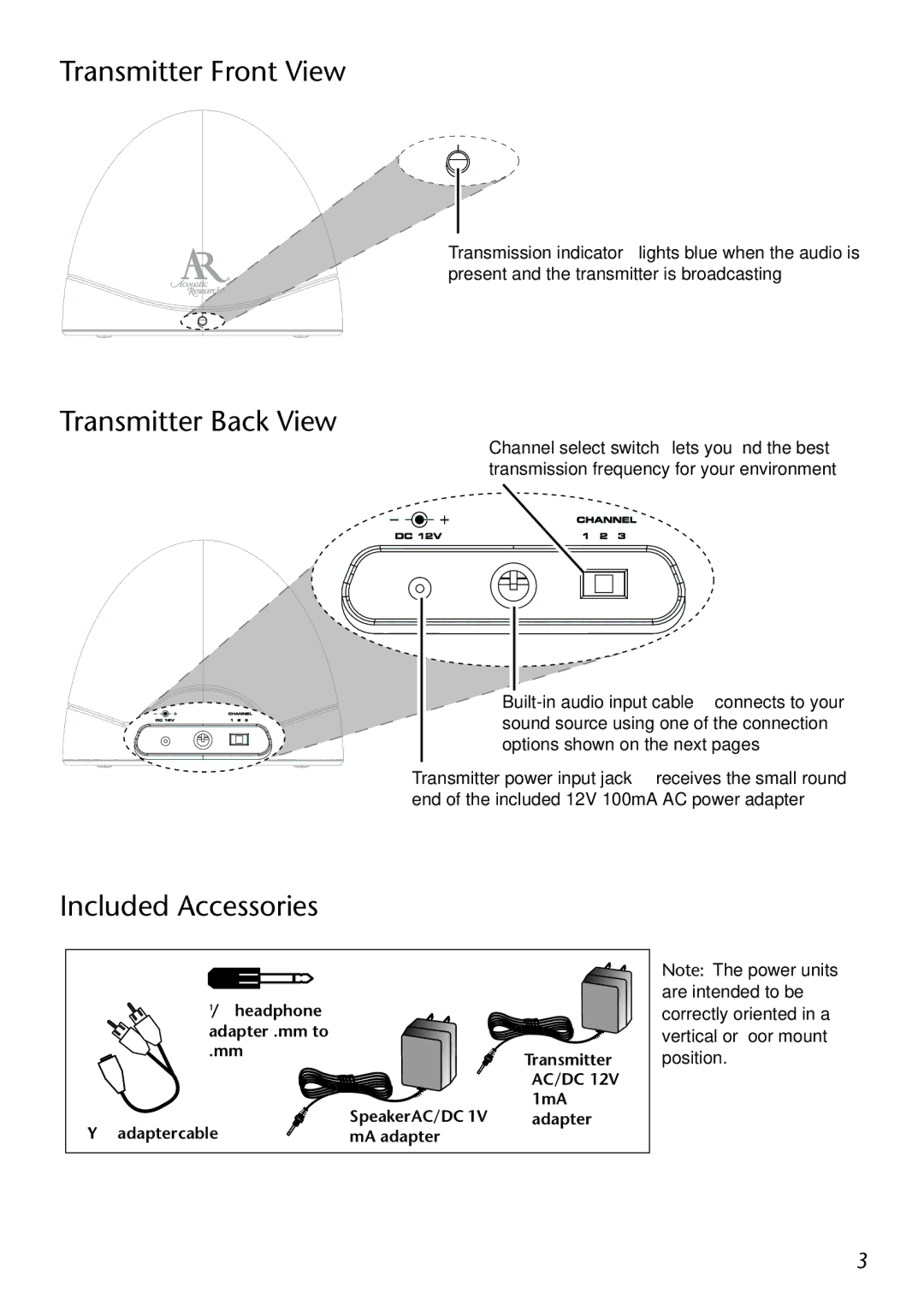 Acoustic Research AW822 operation manual Transmitter Front View, Transmitter Back View, Included Accessories 