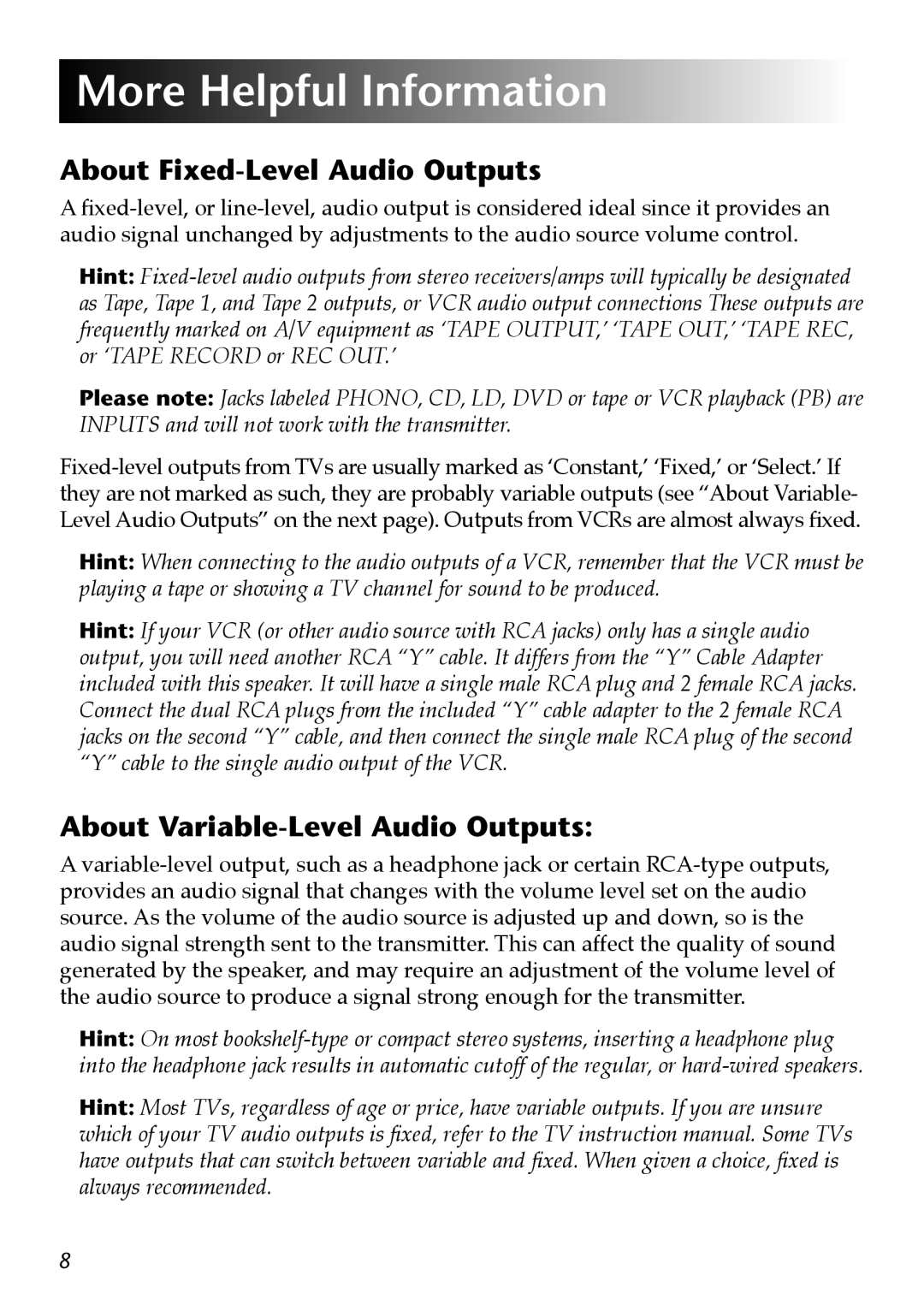 Acoustic Research AW822 More Helpful Information, About Fixed-LevelAudio Outputs, About Variable-LevelAudio Outputs 