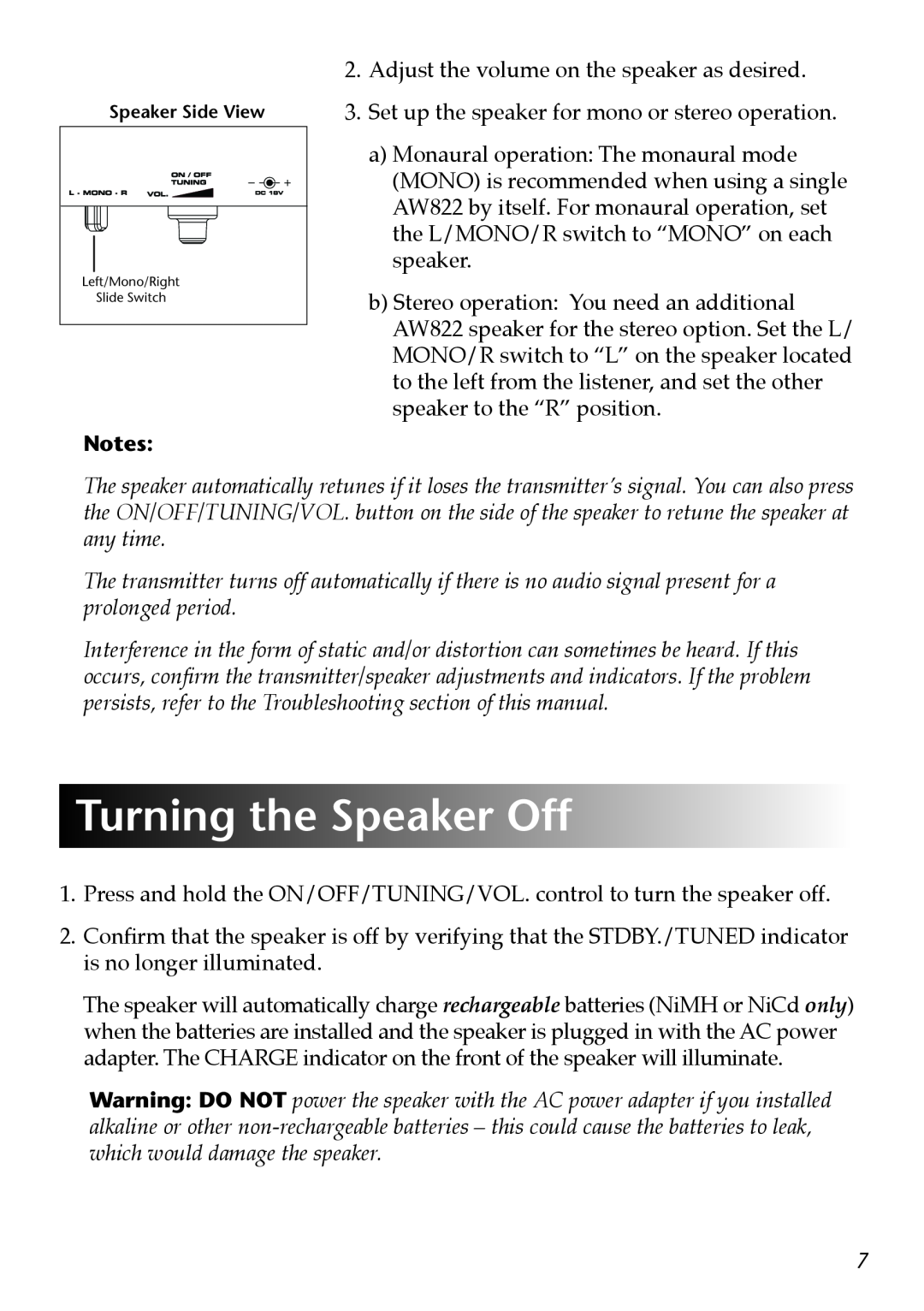 Acoustic Research AW822 operation manual Turning the Speaker Off, Notes 