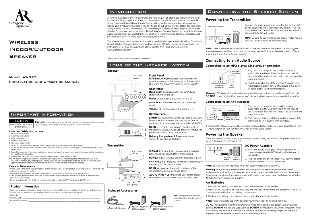 Acoustic Research AW825 important safety instructions Introduction Connecting the Speaker System, Important Information 