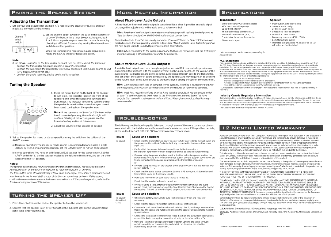Acoustic Research AW825 Pairing the Speaker System, More Helpful Information, Turning the Speaker OFF, Troubleshooting 