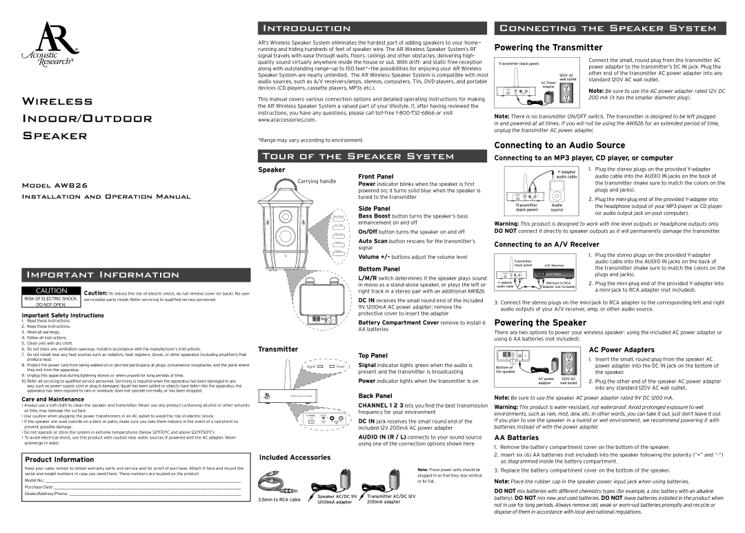 Acoustic Research AW826 important safety instructions Introduction Connecting the Speaker System, Important Information 