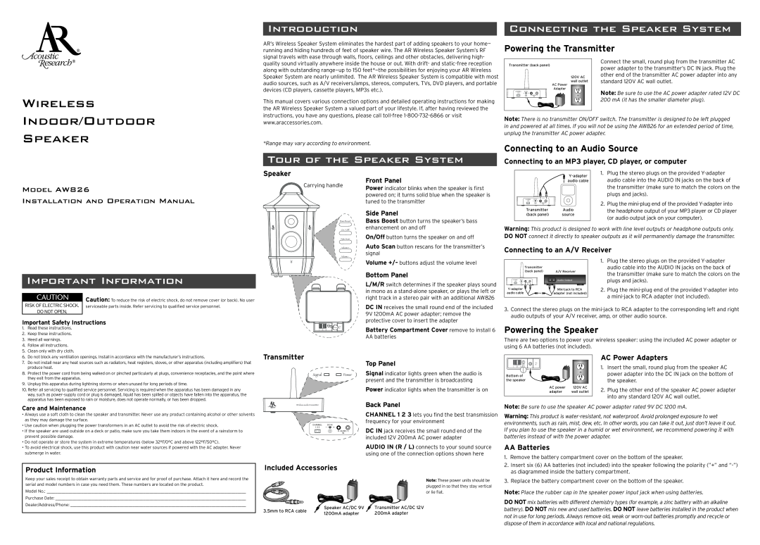 Acoustic Research AW826 important safety instructions Introduction, Connecting The Speaker System, Important Information 