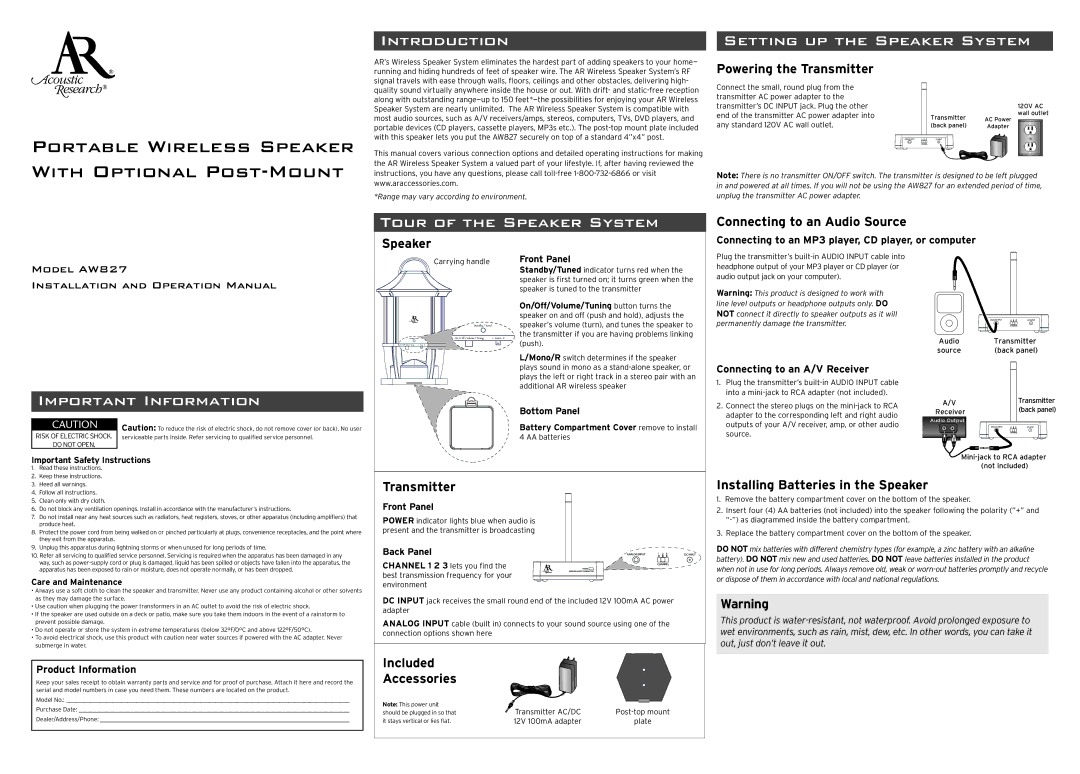 Acoustic Research AW827 important safety instructions Introduction, Setting UP the Speaker System, Important Information 