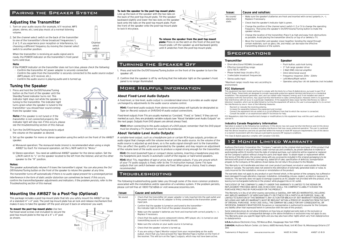 Acoustic Research AW827 Pairing the Speaker System, Turning the Speaker OFF, More Helpful Information, Troubleshooting 