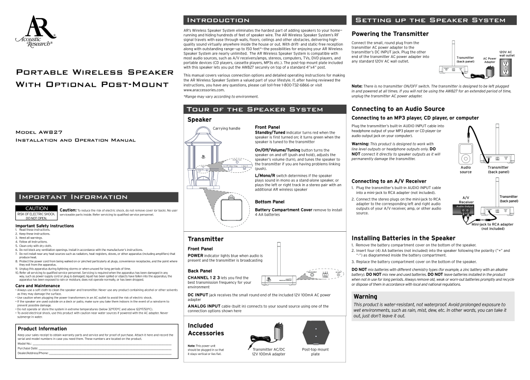 Acoustic Research AW827 important safety instructions Introduction, Setting Up The Speaker System, Important Information 