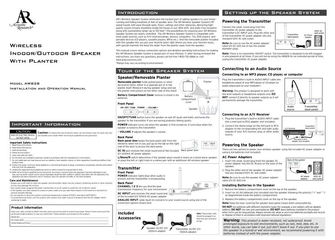 Acoustic Research AW828 important safety instructions Introduction Setting UP the Speaker System, Important Information 