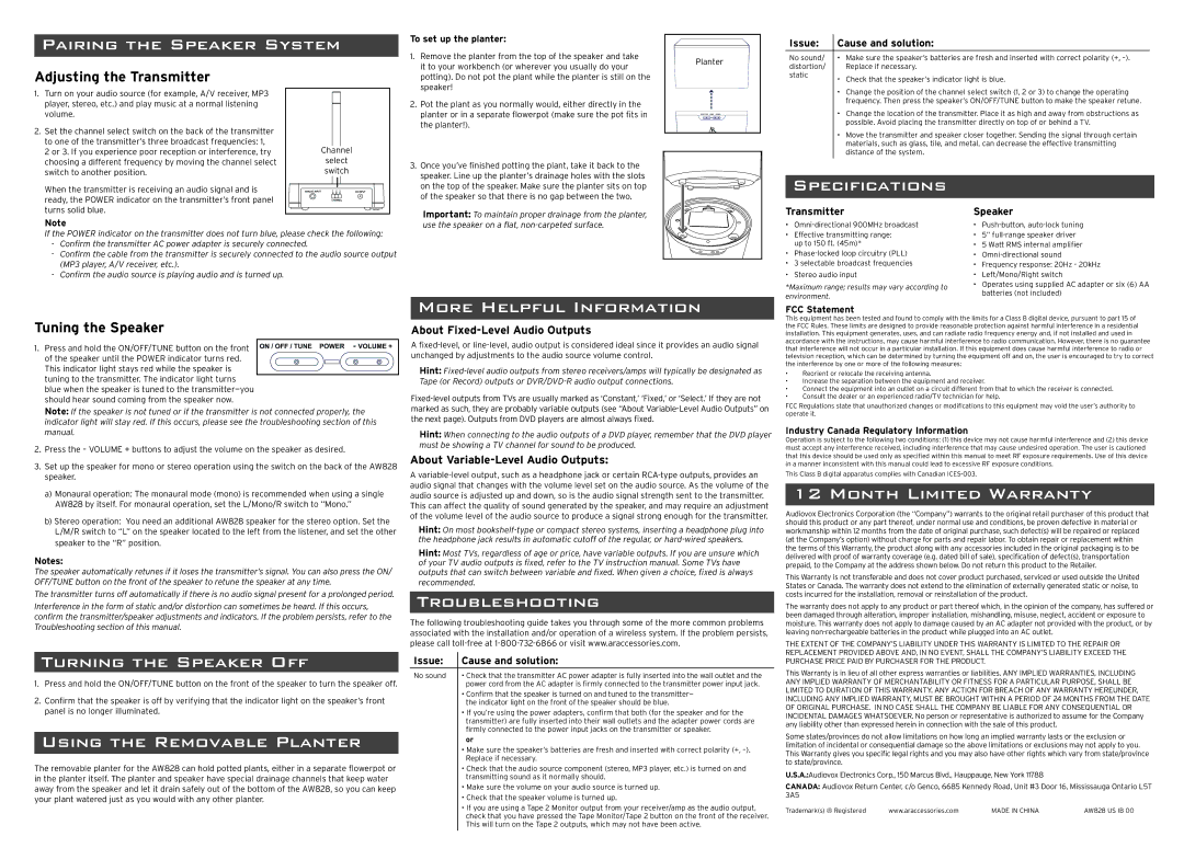 Acoustic Research AW828 Pairing the Speaker System, More Helpful Information, Turning the Speaker OFF, Troubleshooting 