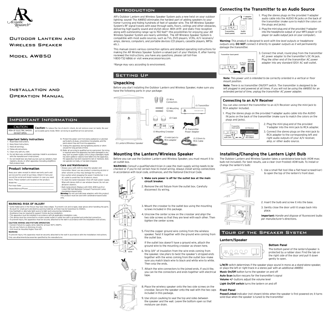 Acoustic Research AW850 operation manual Introduction, Setting UP, Important Information, Tour of the Speaker System 