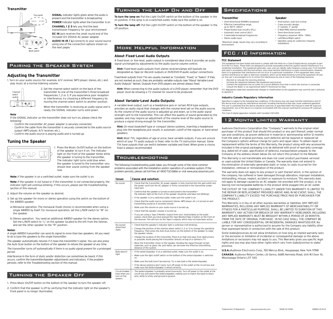 Acoustic Research AW850 Turning the Lamp on and OFF, More Helpful Information, Turning the Speaker OFF, Troubleshooting 