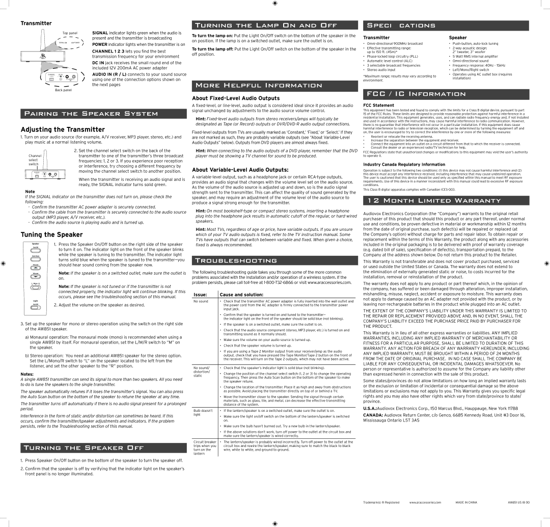 Acoustic Research AW851 Turning the Lamp On and Off, More Helpful Information, Speciﬁcations, Turning the Speaker Off 