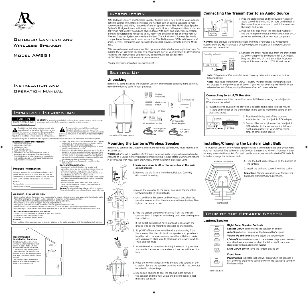 Acoustic Research AW851 operation manual Important Information, Introduction, Setting Up, Tour of the Speaker System 