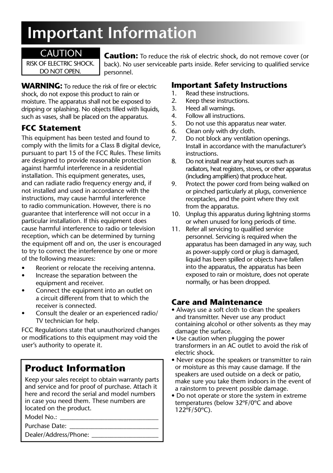 Acoustic Research AW877 operation manual Important Information, FCC Statement 