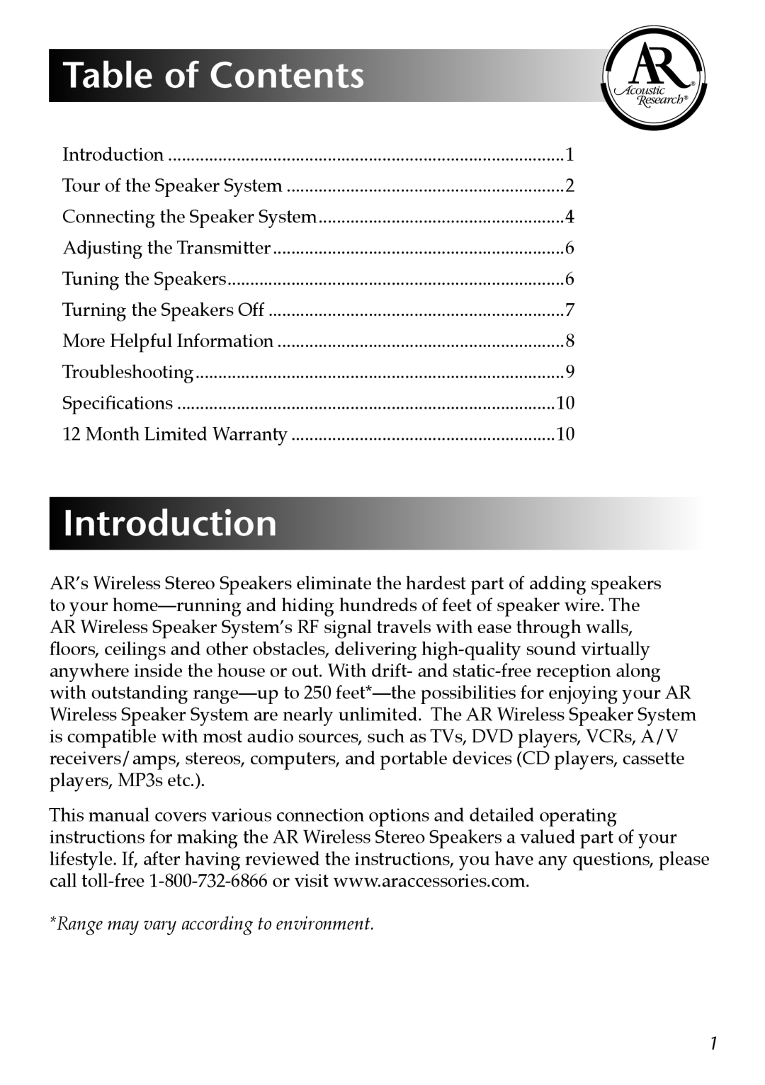 Acoustic Research AW877 operation manual Table of Contents, Introduction 