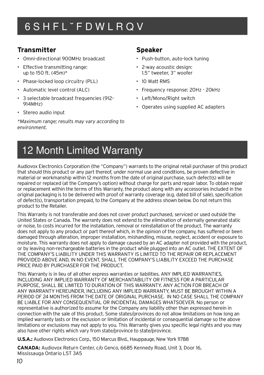 Acoustic Research AW880 operation manual Month Limited Warranty, Transmitter Speaker 