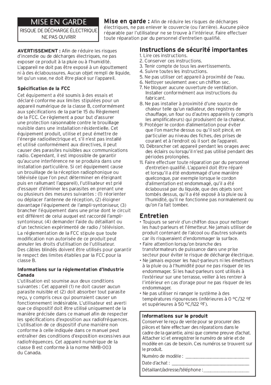 Acoustic Research AW880 operation manual Instructions de sécurité importantes, Entretien 