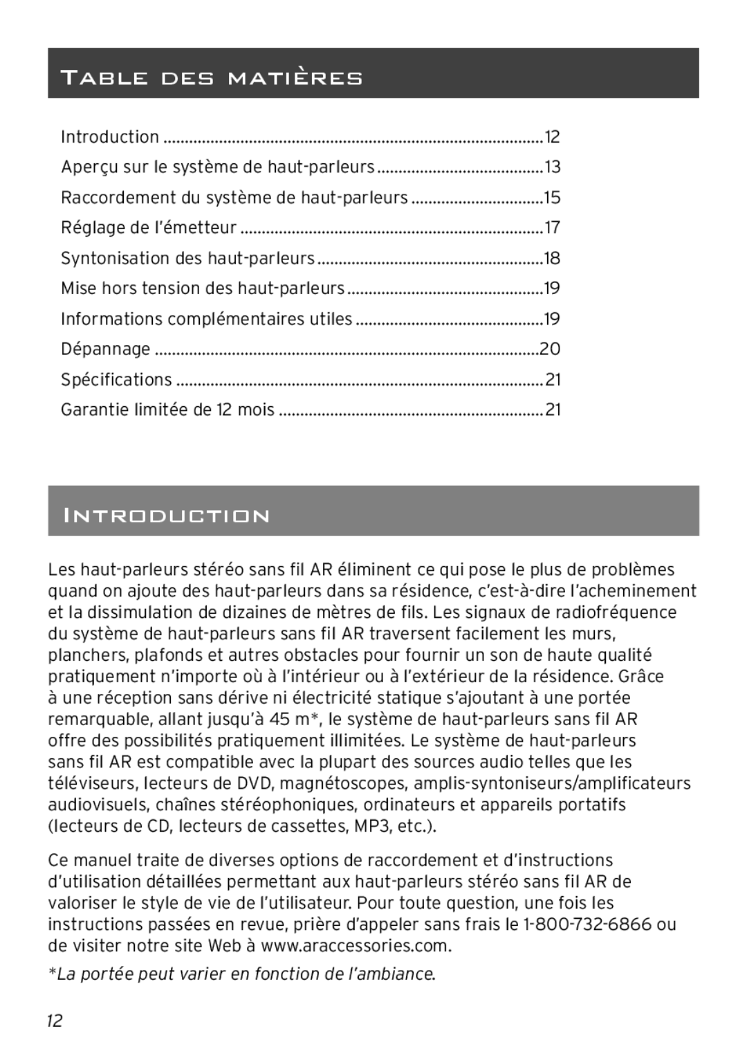 Acoustic Research AW880 operation manual Introduction, Table DES Matières 