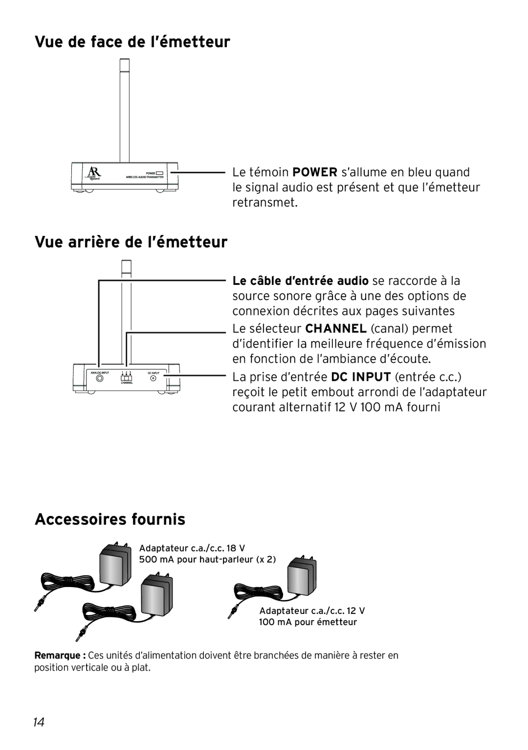 Acoustic Research AW880 operation manual Vue de face de l’émetteur, Vue arrière de l’émetteur, Accessoires fournis 