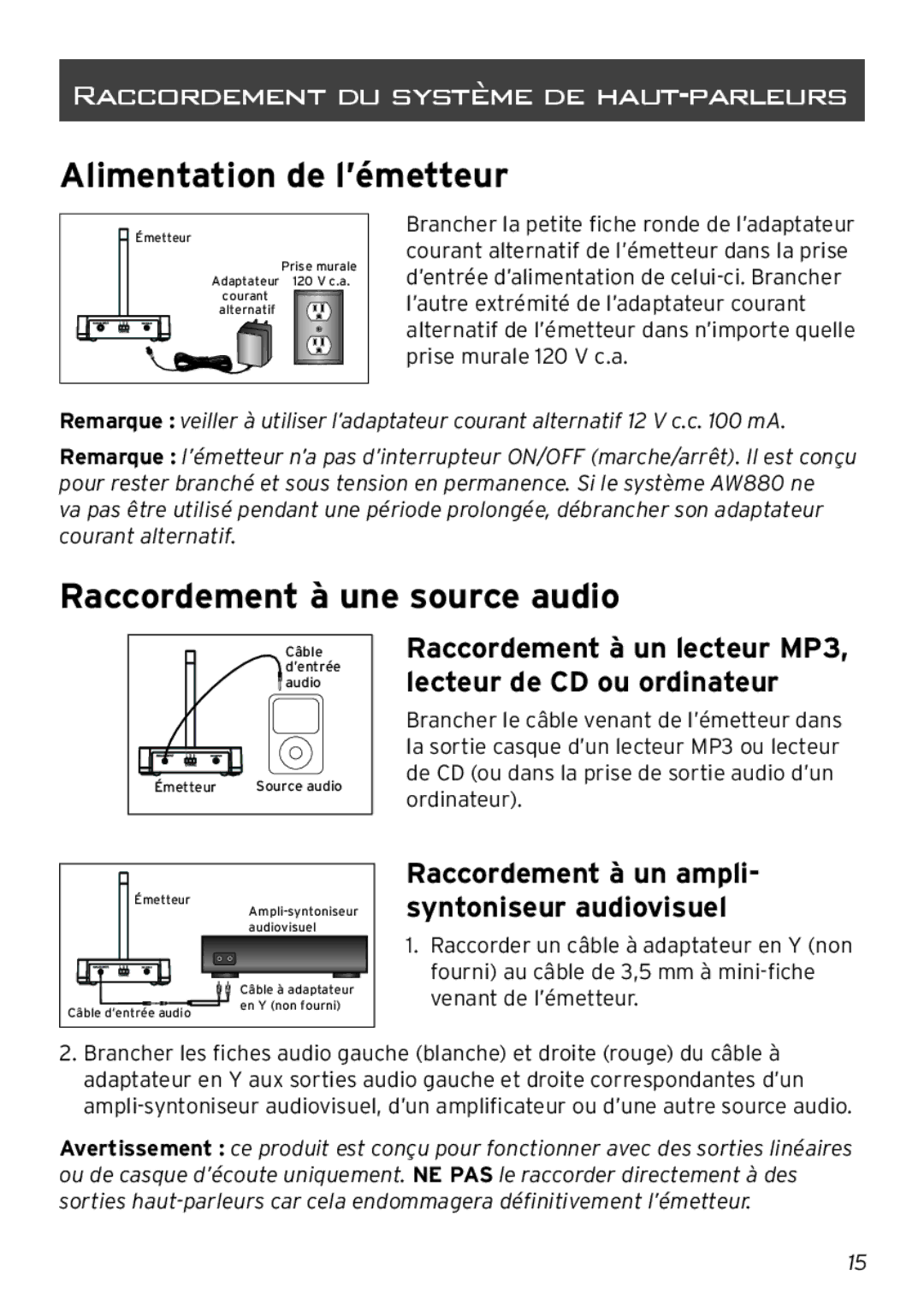 Acoustic Research AW880 operation manual Alimentation de l’émetteur, Raccordement à une source audio 