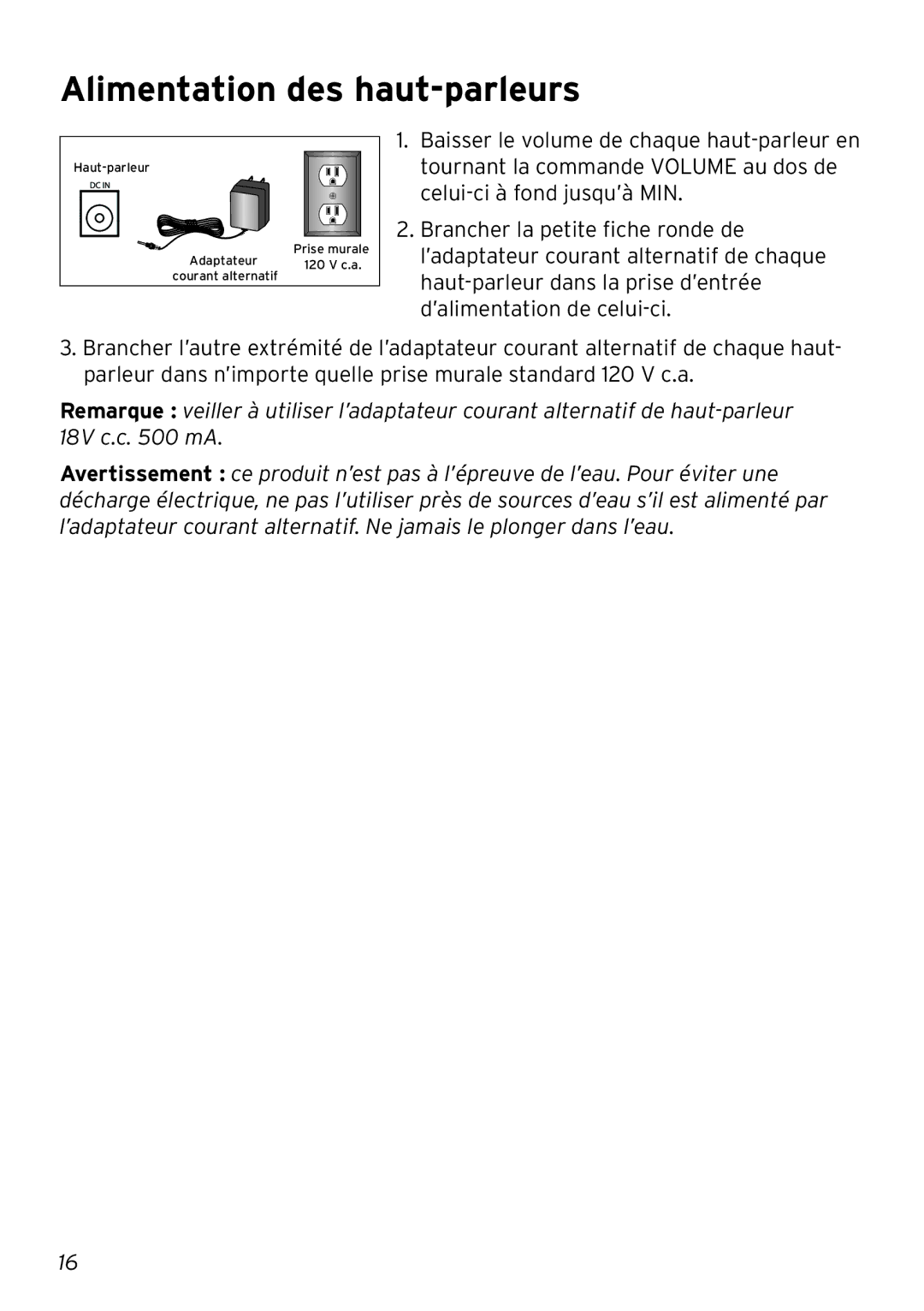 Acoustic Research AW880 operation manual Alimentation des haut-parleurs 