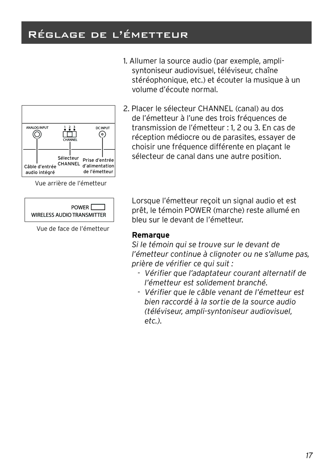 Acoustic Research AW880 operation manual Réglage DE L’ÉMETTEUR, Remarque 