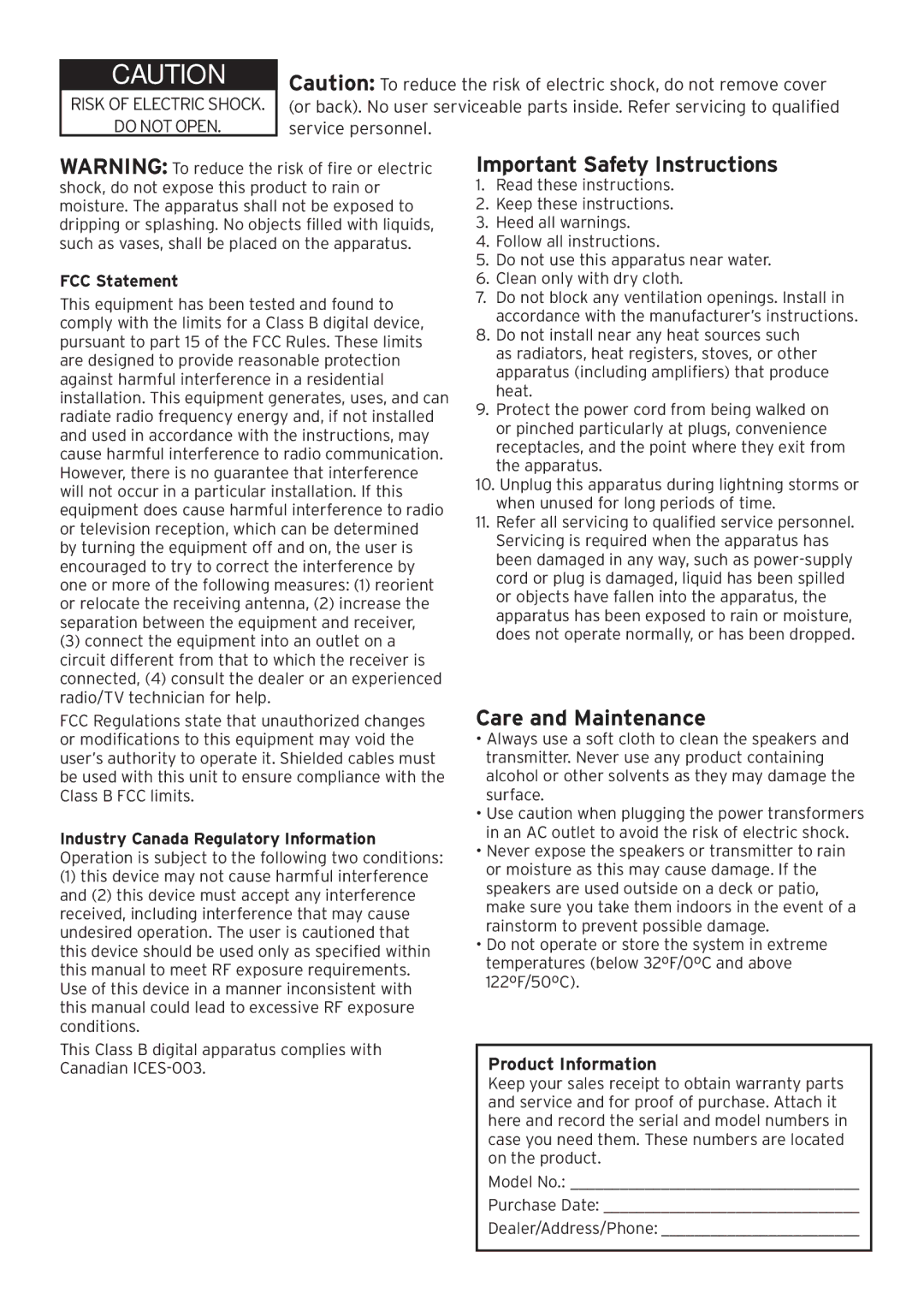 Acoustic Research AW880 operation manual Important Safety Instructions, Care and Maintenance 