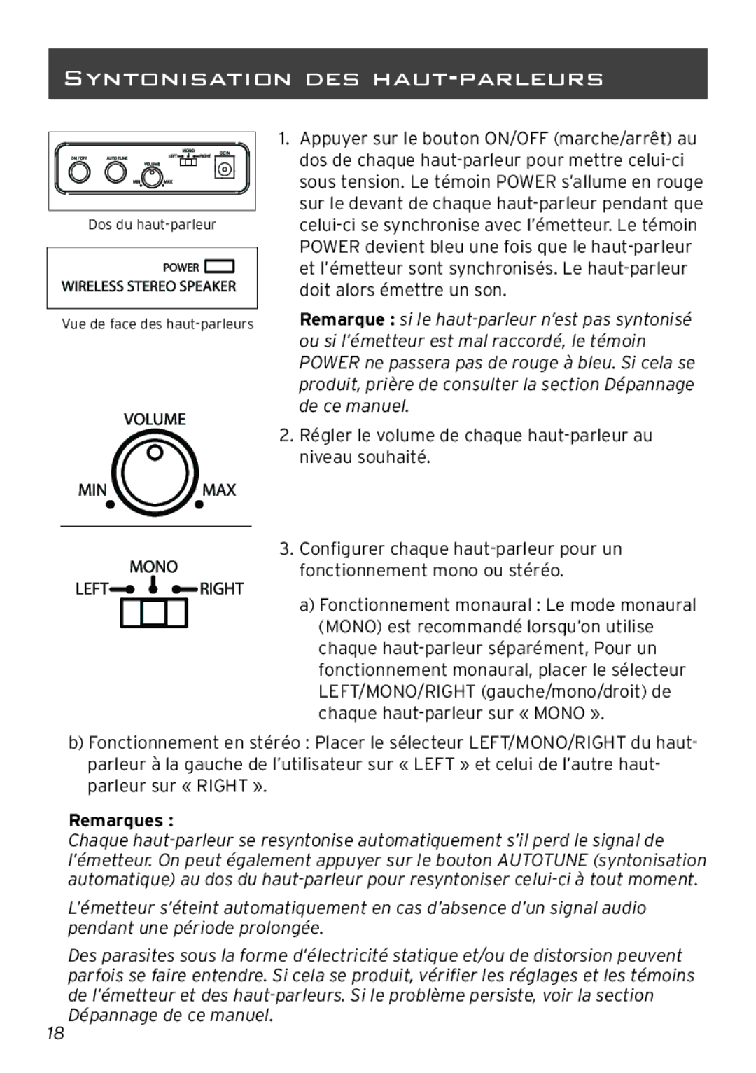 Acoustic Research AW880 operation manual Syntonisation DES HAUT-PARLEURS, Remarques 