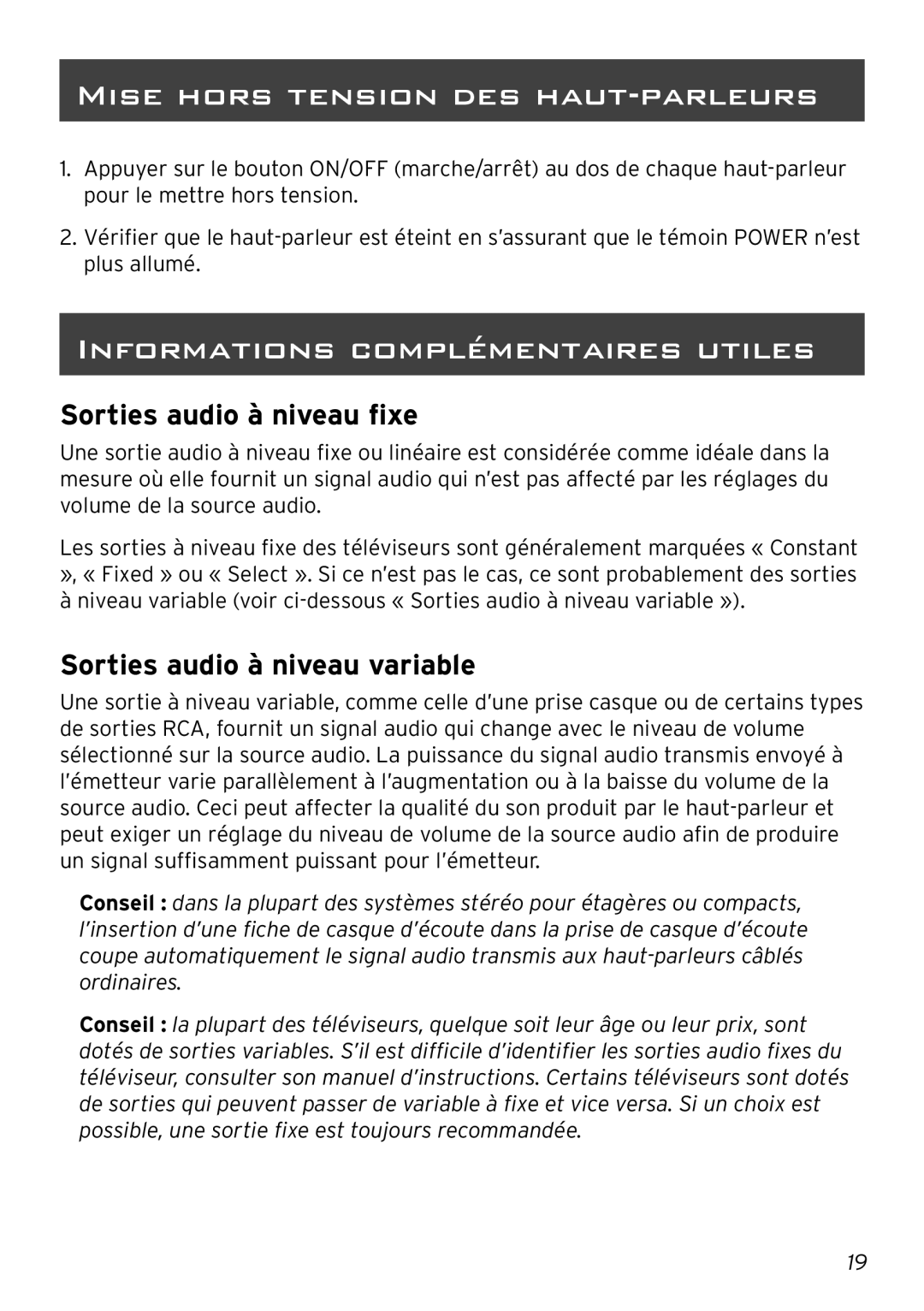 Acoustic Research AW880 operation manual Mise Hors Tension DES HAUT-PARLEURS, Informations Complémentaires Utiles 