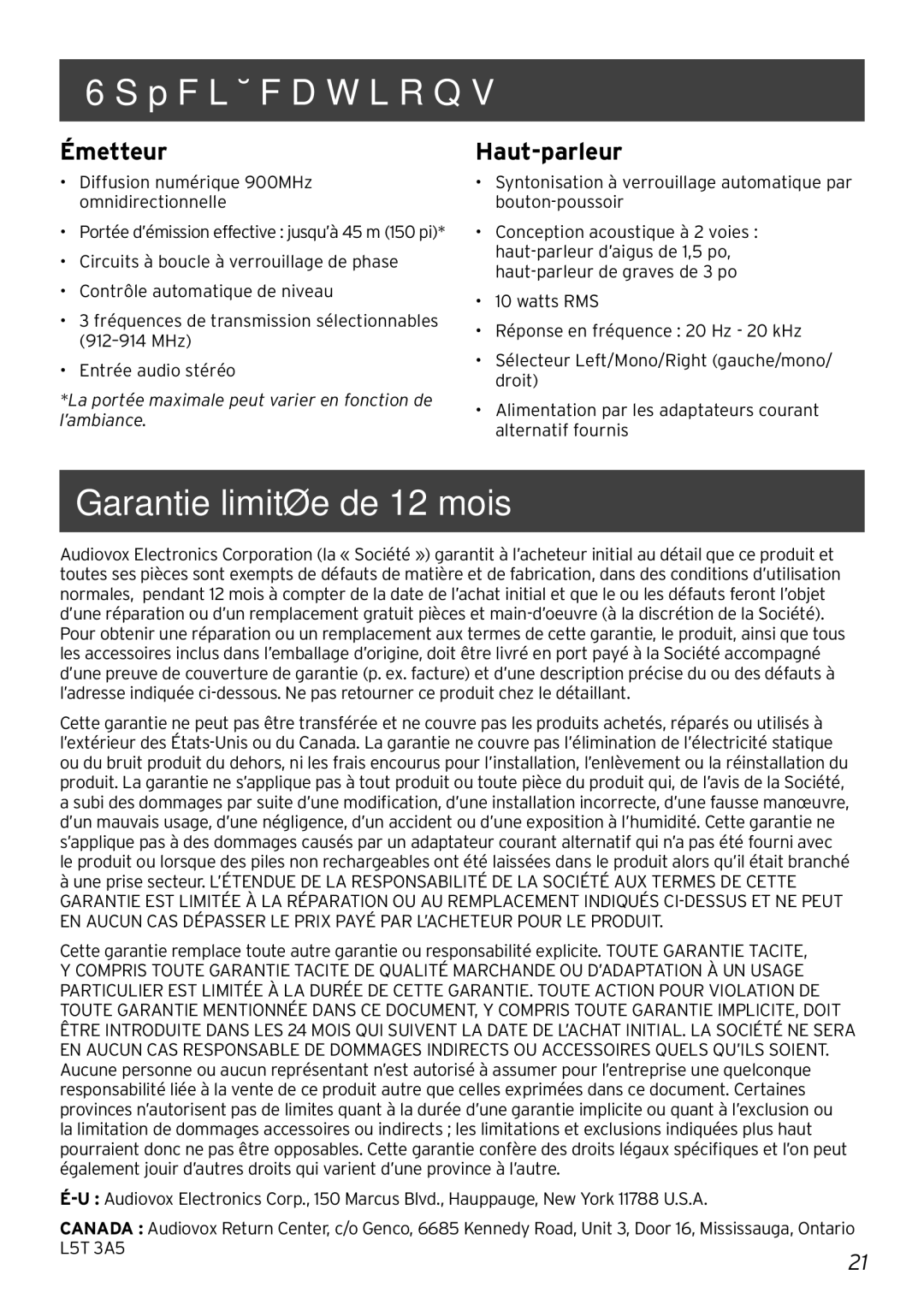 Acoustic Research AW880 operation manual Garantie Limitée DE 12 Mois, Émetteur, Haut-parleur 