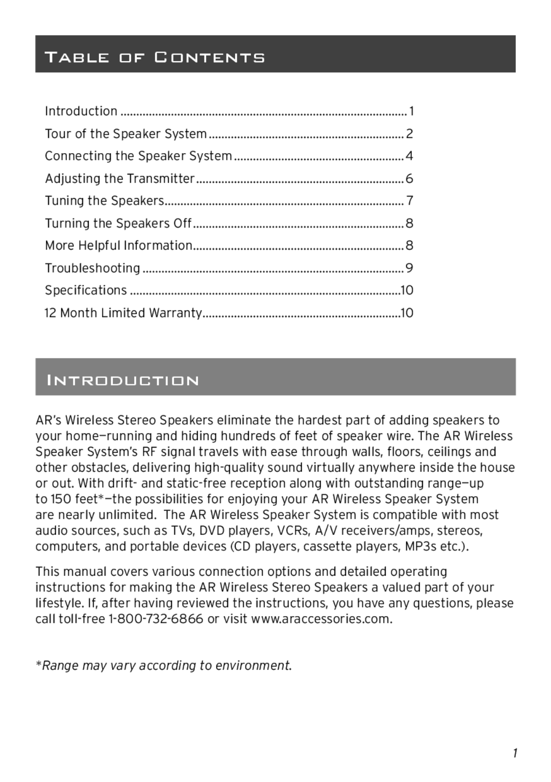 Acoustic Research AW880 operation manual Table of Contents, Introduction 