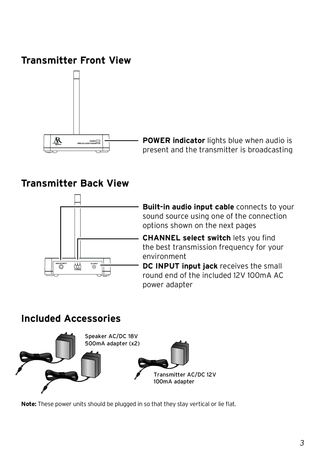 Acoustic Research AW880 operation manual Transmitter Front View, Transmitter Back View, Included Accessories 