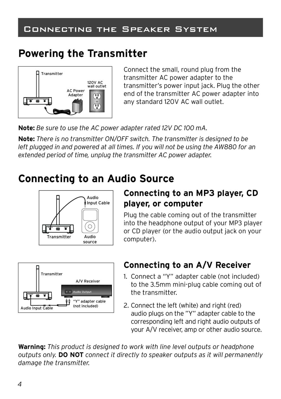 Acoustic Research AW880 Connecting the Speaker System, Powering the Transmitter, Connecting to an Audio Source 