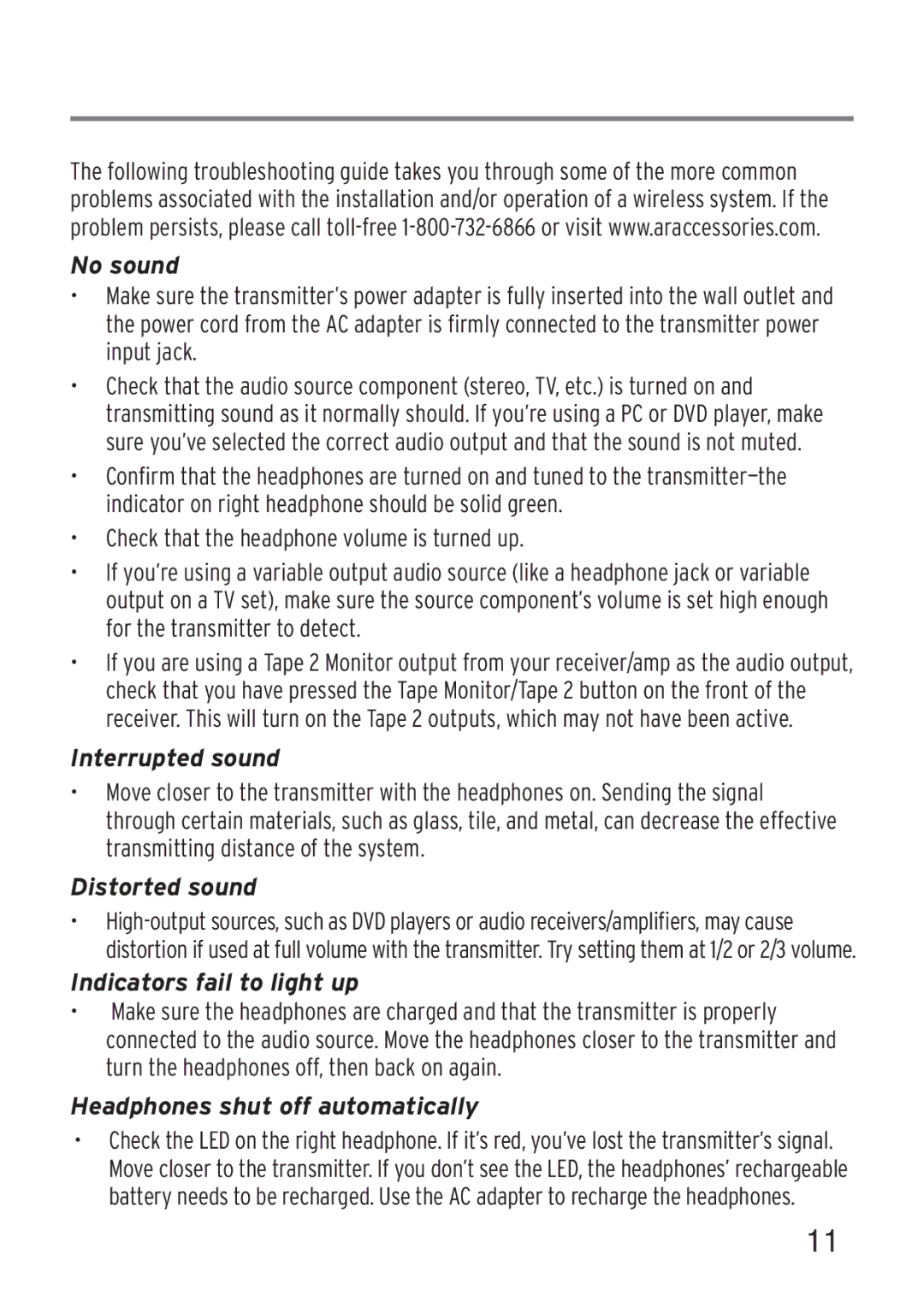 Acoustic Research AWD204 owner manual No sound, Interrupted sound, Distorted sound, Indicators fail to light up 