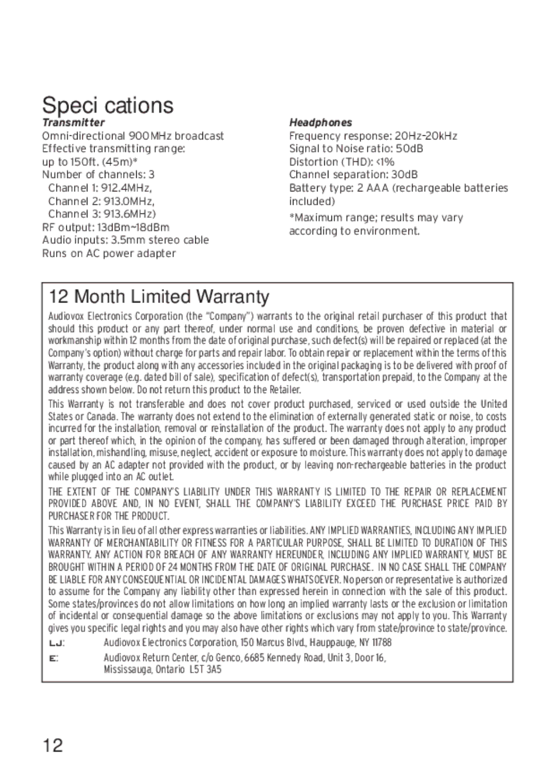 Acoustic Research AWD204 owner manual Specifications, Transmitter Headphones 