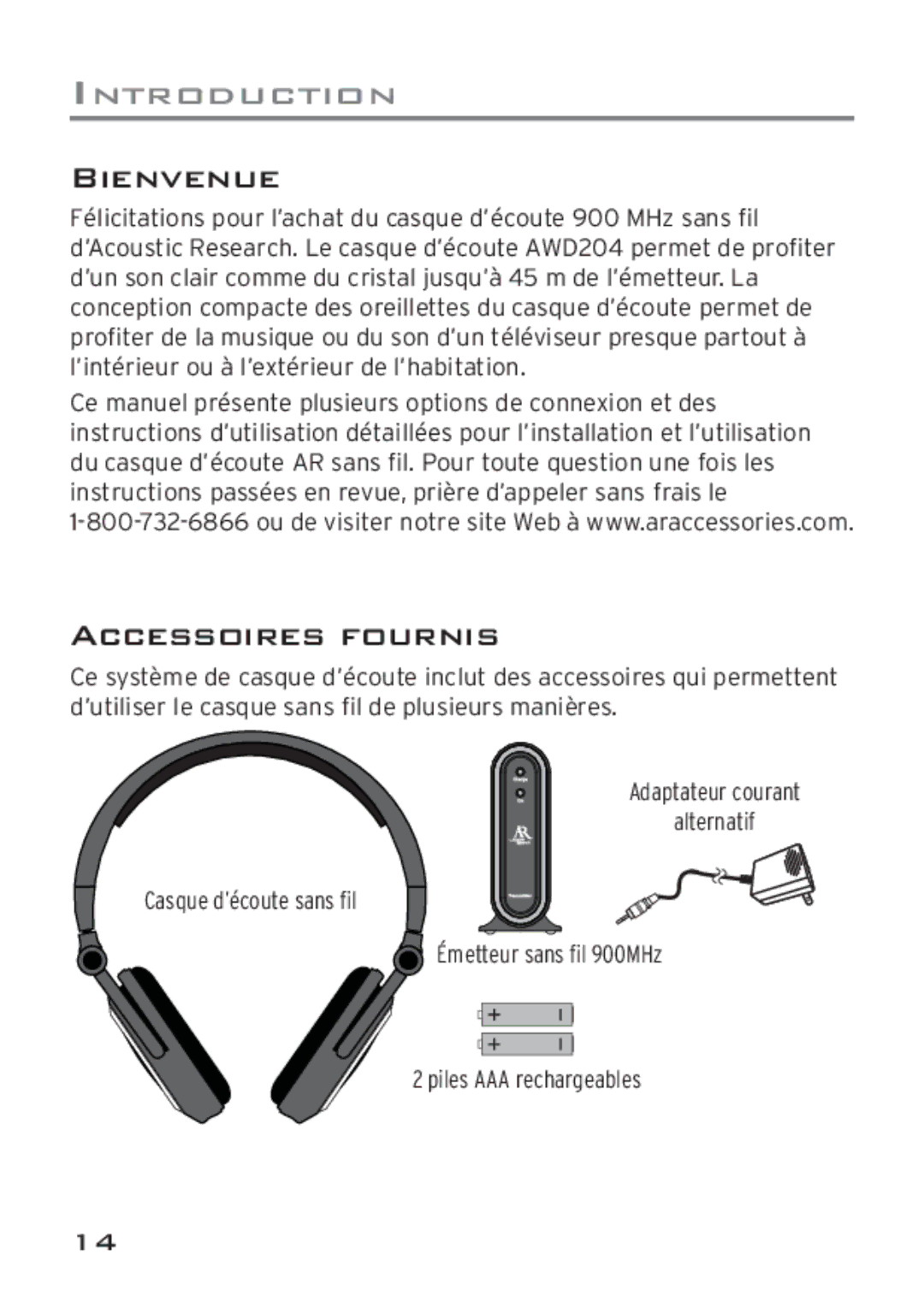 Acoustic Research AWD204 owner manual Bienvenue, Accessoires Fournis 