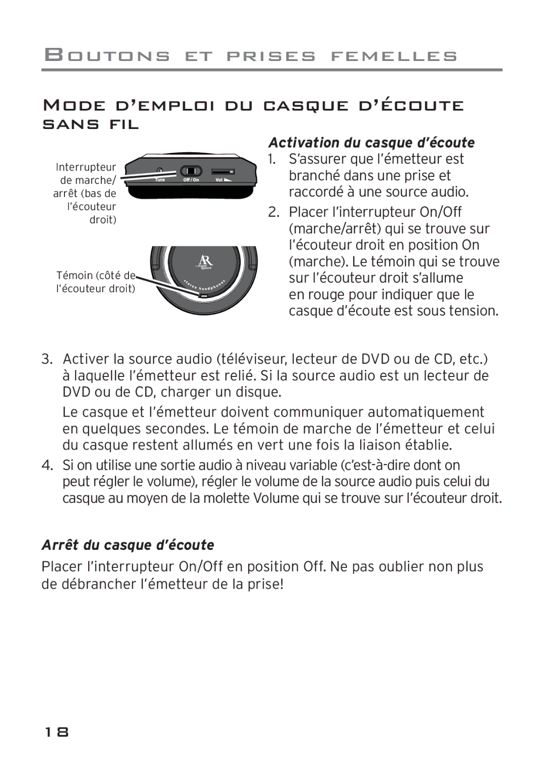 Acoustic Research AWD204 owner manual Mode D’EMPLOI DU Casque D’ÉCOUTE Sans FIL, Activation du casque d’écoute 