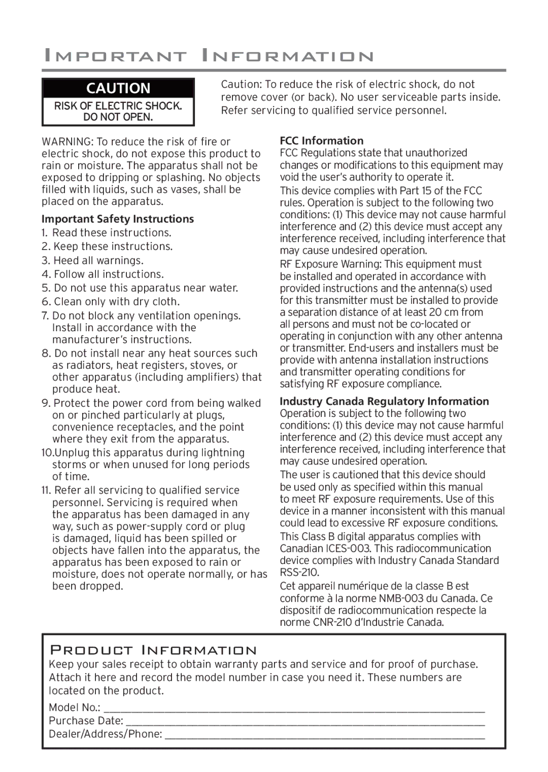 Acoustic Research AWD204 owner manual Product Information 