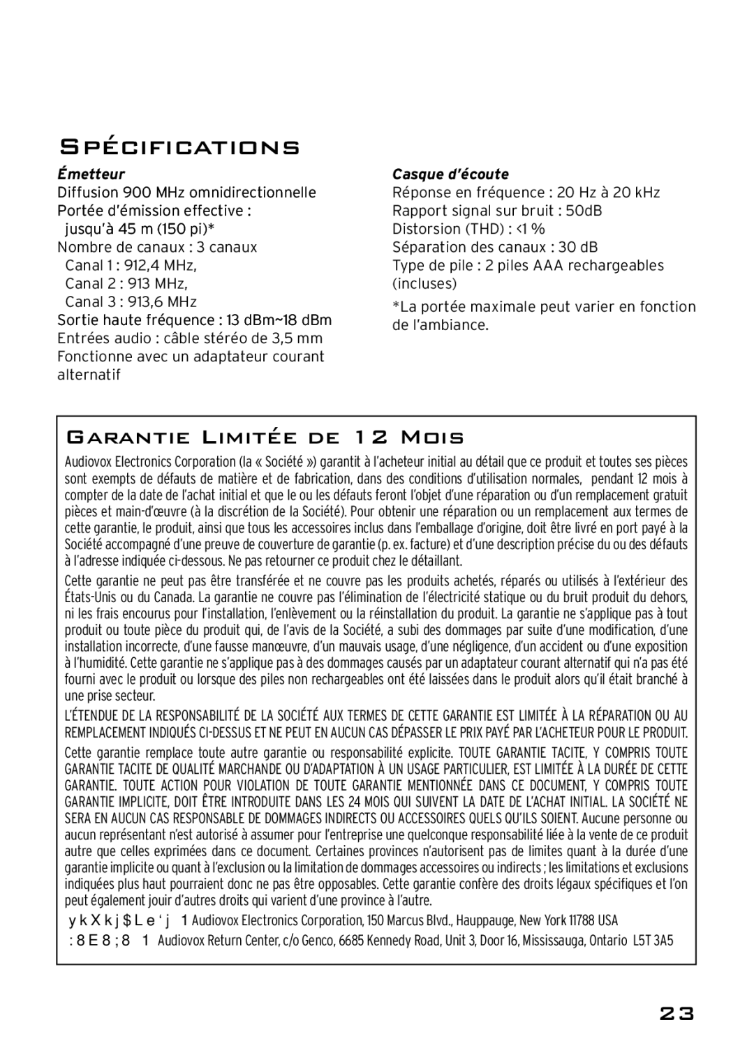 Acoustic Research AWD204 owner manual Spécifications, Émetteur Casque d’écoute 